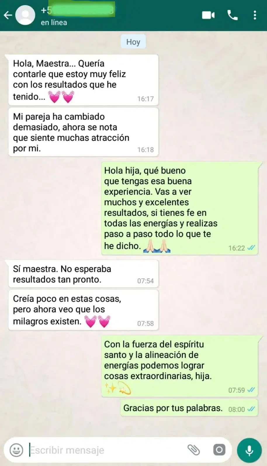 Testimonio de cliente satisfecho en WhatsApp